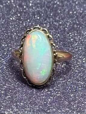 Opal Oval Cocktail Ring 10K in White with Iridescent Glow